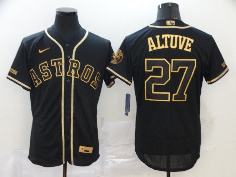 Men Houston Astros 27 Altuve Black Retro gold character Nike MLB Jerseys